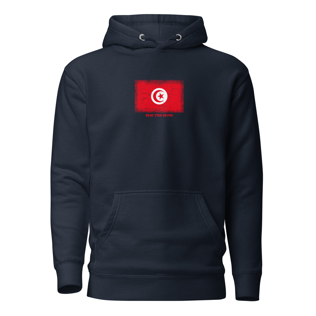 Tunisia flag hoodie in Navy Blazer, vintage-washed print, flag on the chest, unisex cut, front view