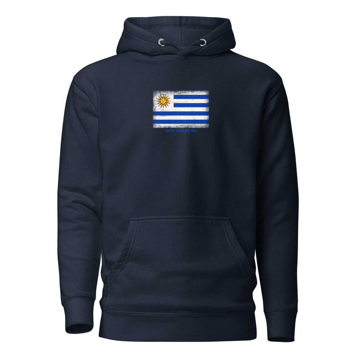 Uruguay flag hoodie in Navy Blazer, vintage-washed print, flag on the chest, unisex cut, front view