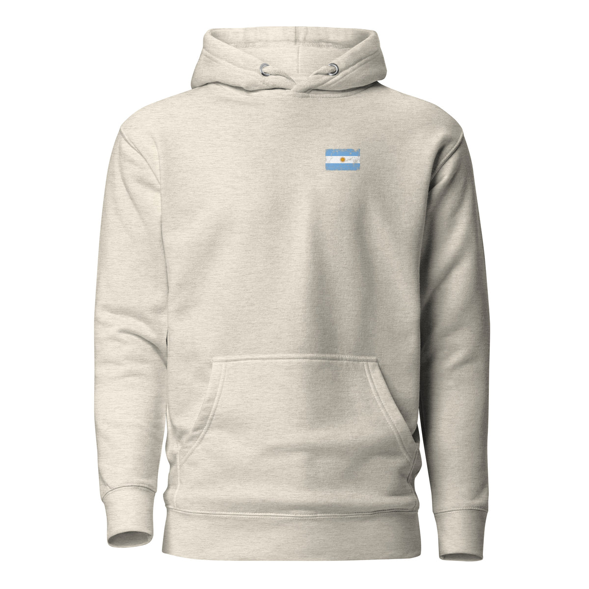 Argentina flag hoodie in Oatmeal Heather, vintage-washed print, small flag on the left chest, unisex cut, front view