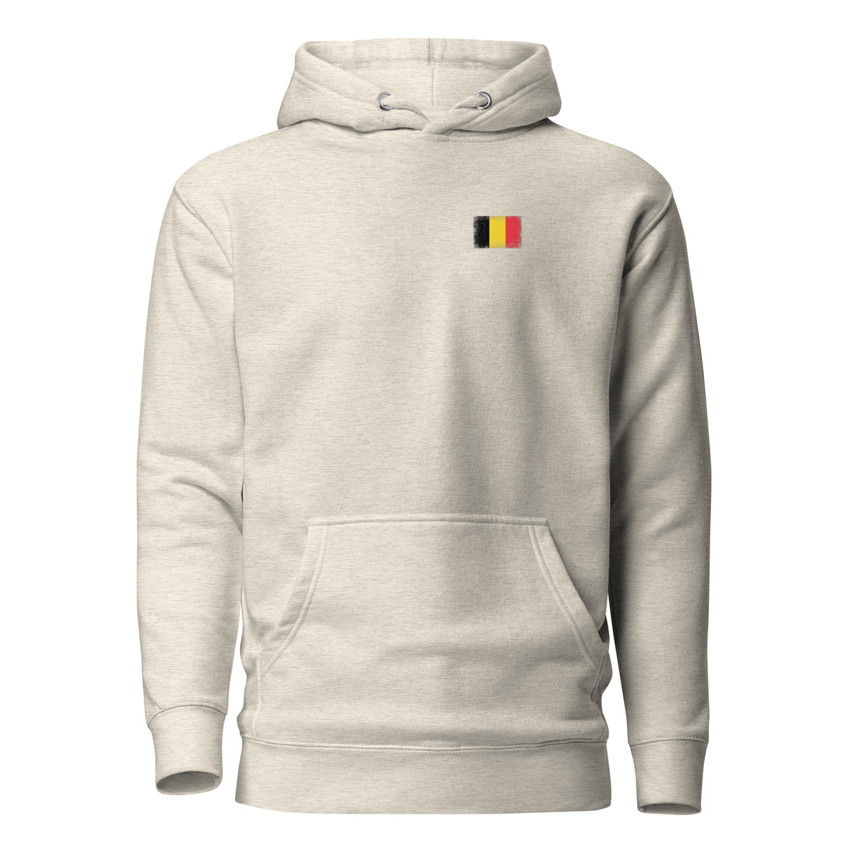 Belgium flag hoodie in Oatmeal Heather, vintage-washed print, small flag on the left chest, unisex cut, front view