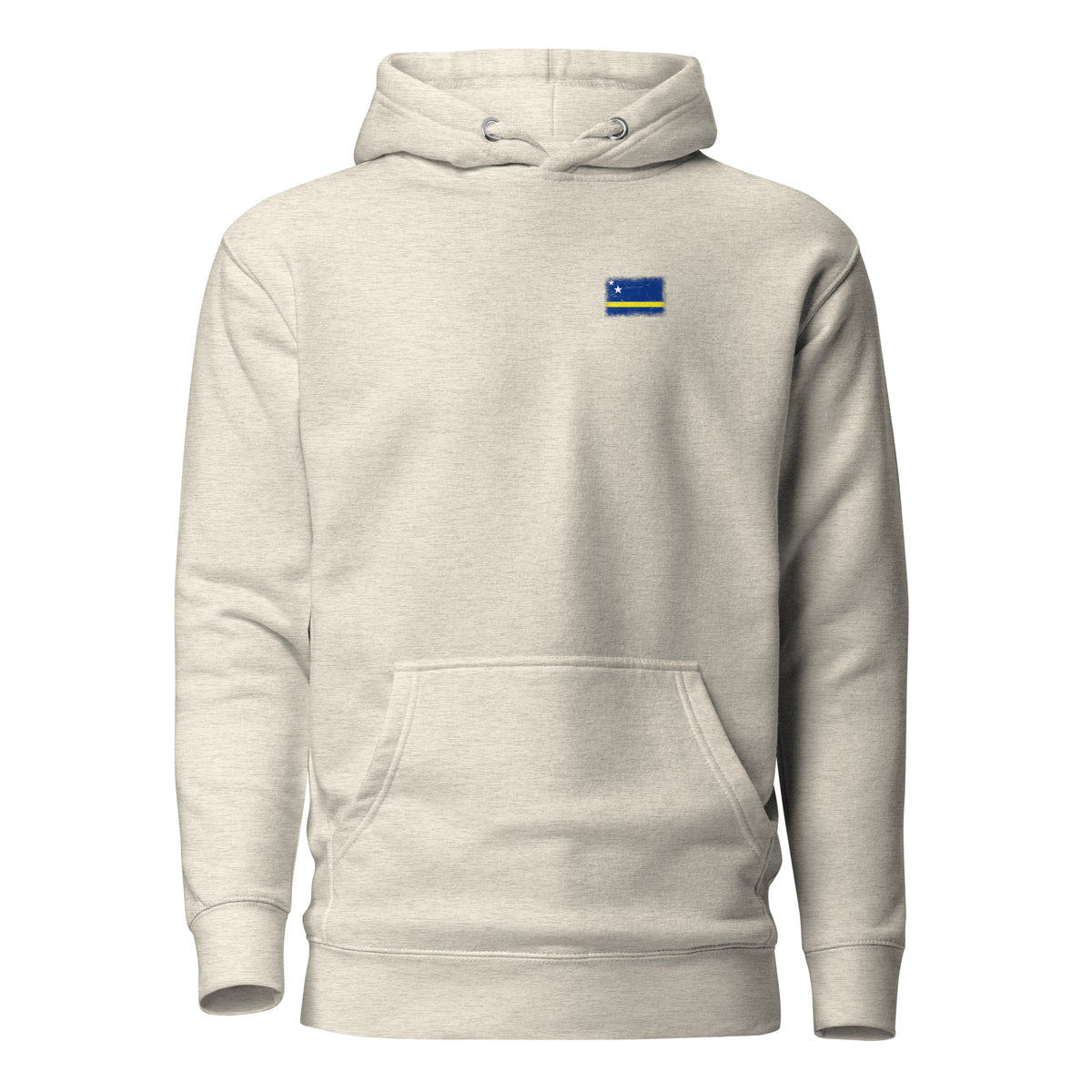 Curaçao flag hoodie in Oatmeal Heather, vintage-washed print, small flag on the left chest, unisex cut, front view
