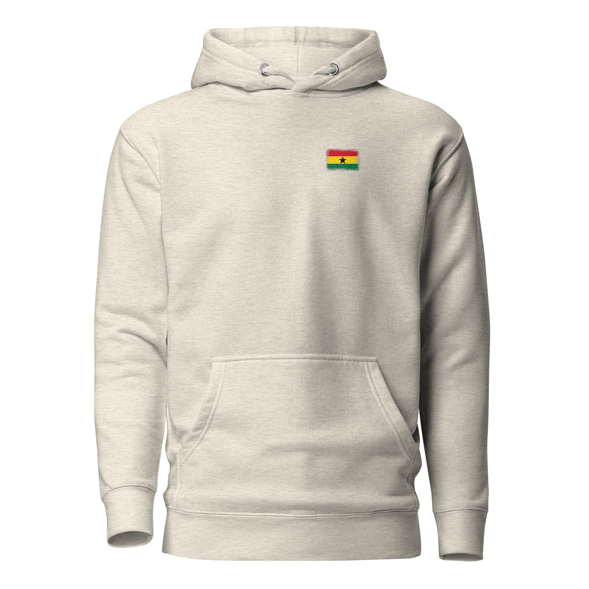 Ghana flag hoodie in Oatmeal Heather, vintage-washed print, small flag on the left chest, unisex cut, front view