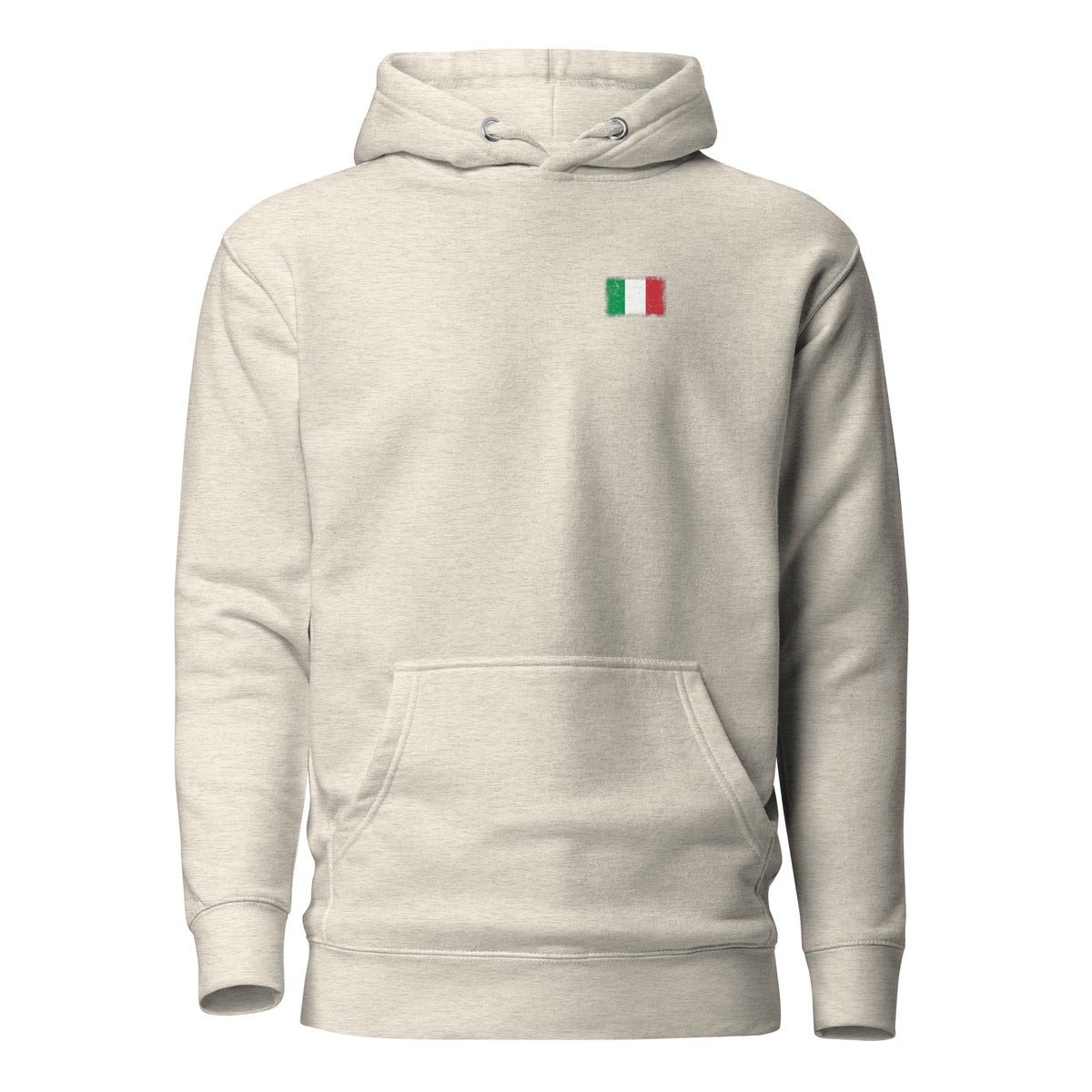 Italy flag hoodie in Oatmeal Heather, vintage-washed print, small flag on the left chest, unisex cut, front view