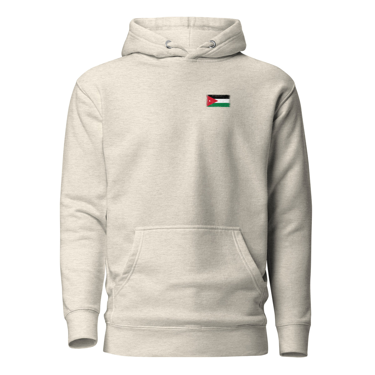 Jordan flag hoodie in Oatmeal Heather, vintage-washed print, small flag on the left chest, unisex cut, front view