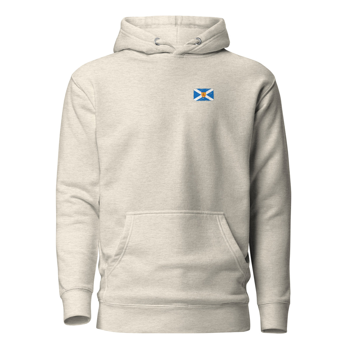 Scotland flag hoodie in Oatmeal Heather, vintage-washed print, small flag on the left chest, unisex cut, front view