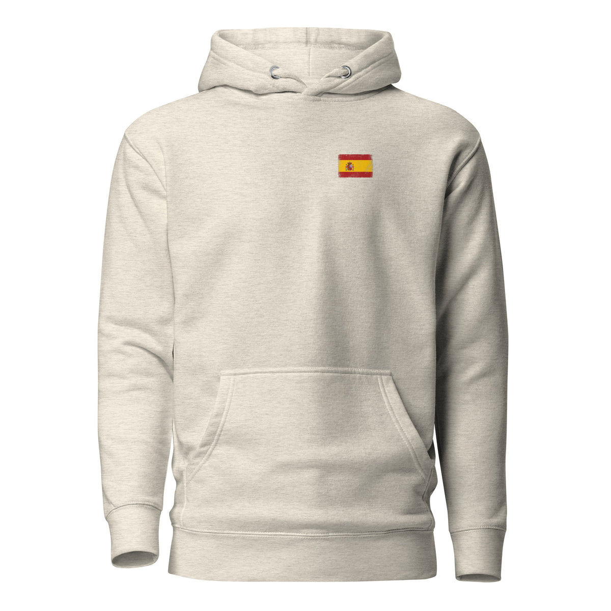Spain flag hoodie in Oatmeal Heather, vintage-washed print, small flag on the left chest, unisex cut, front view