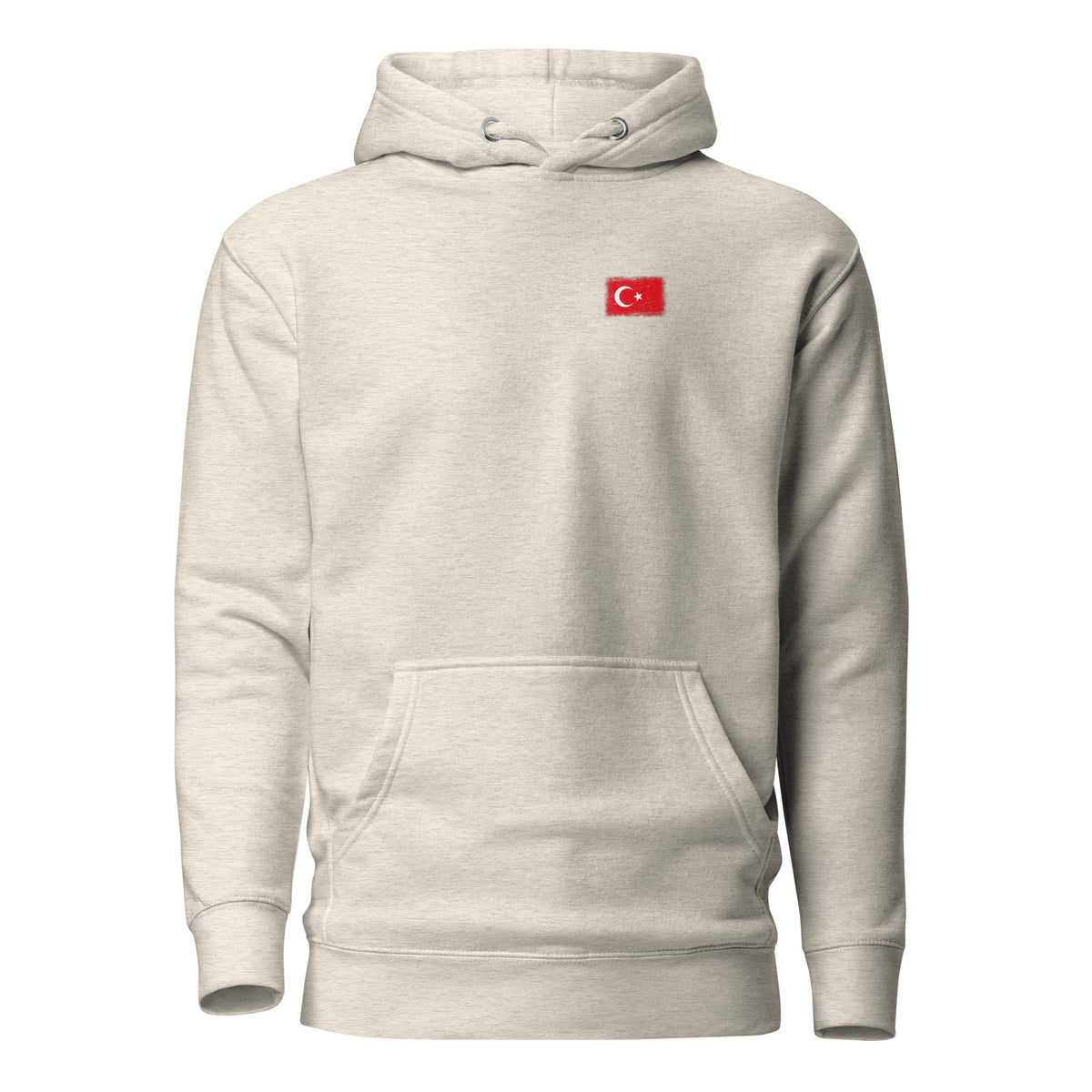 Turkey flag hoodie in Oatmeal Heather, vintage-washed print, small flag on the left chest, unisex cut, front view