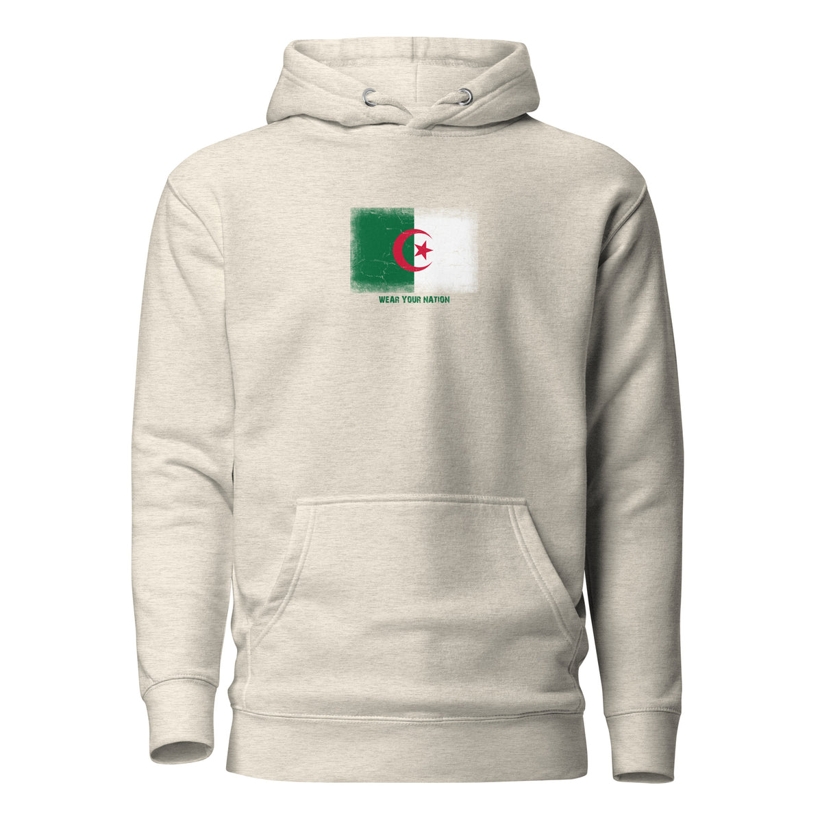 Algeria flag hoodie in Oatmeal Heather, vintage-washed print, flag on the chest, unisex cut, front view