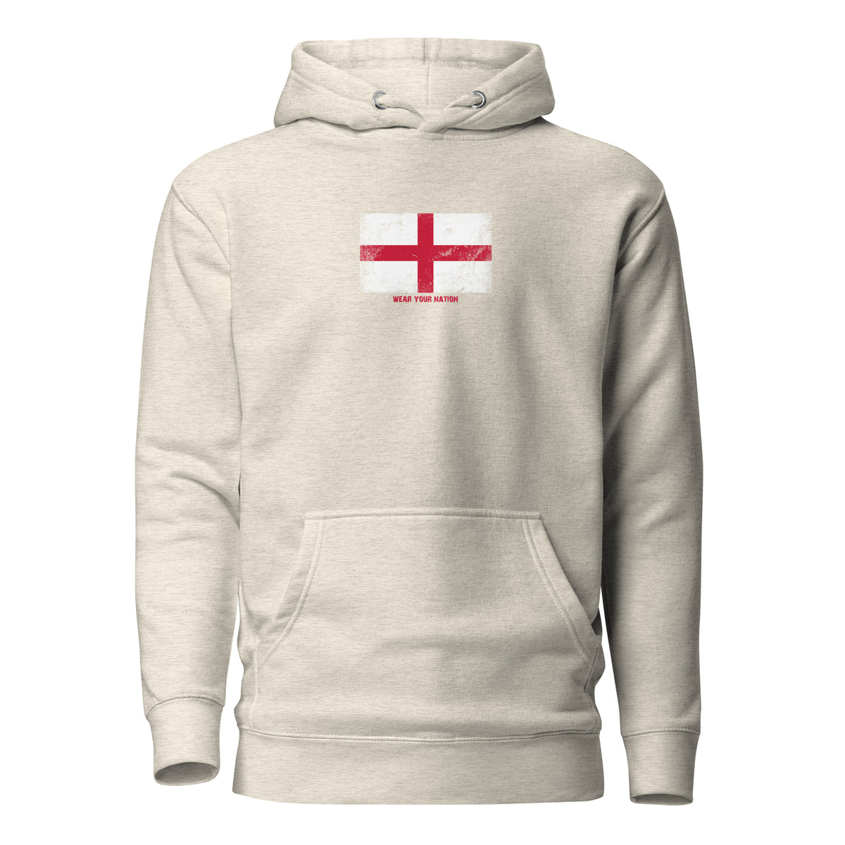 England flag hoodie in Oatmeal Heather, vintage-washed print, flag on the chest, unisex cut, front view
