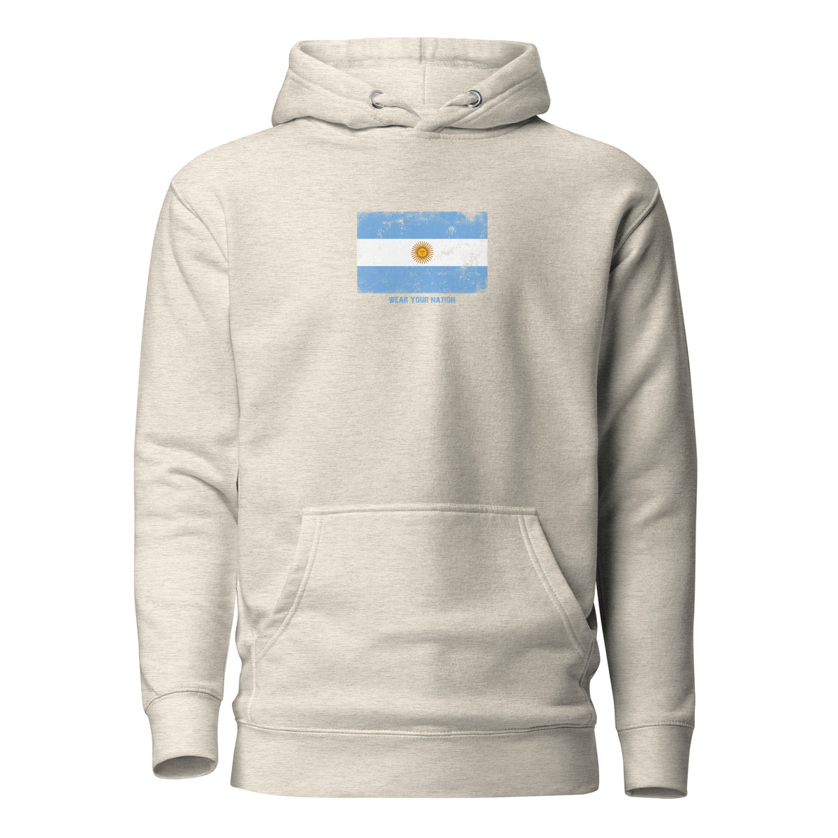 Argentina flag hoodie in Oatmeal Heather, vintage-washed print, flag on the chest, unisex cut, front view