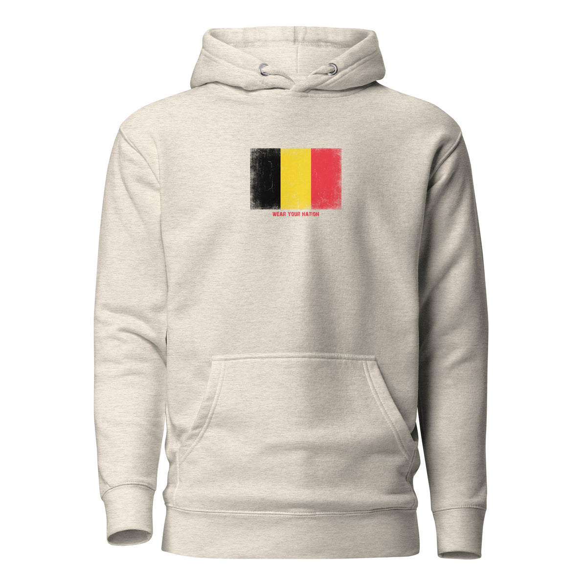 Belgium flag hoodie in Oatmeal Heather, vintage-washed print, flag on the chest, unisex cut, front view