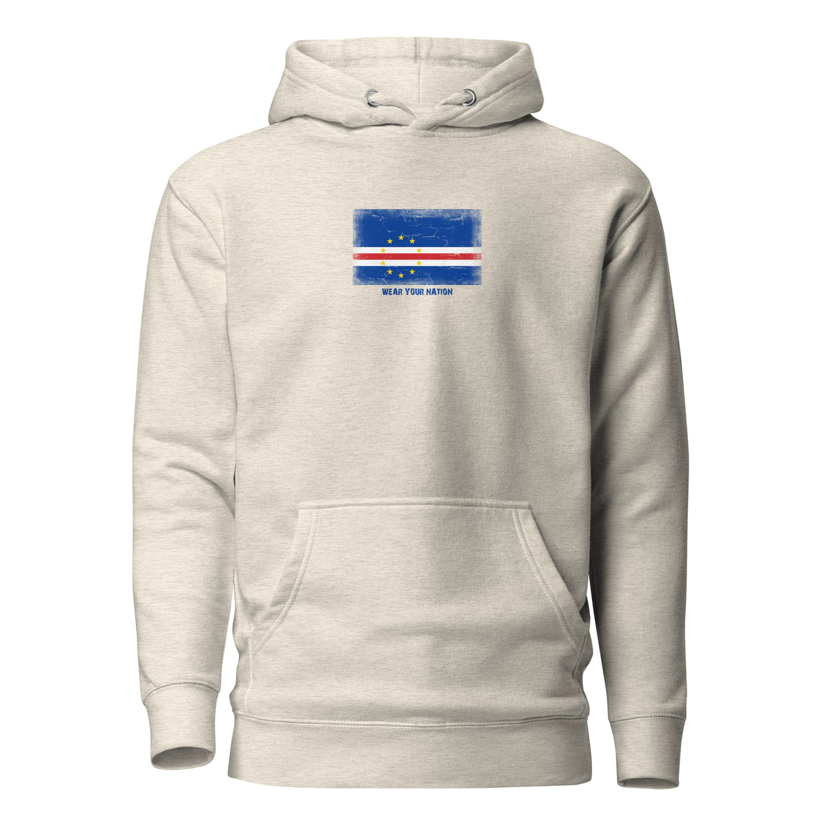 Cape Verde flag hoodie in Oatmeal Heather, vintage-washed print, flag on the chest, unisex cut, front view