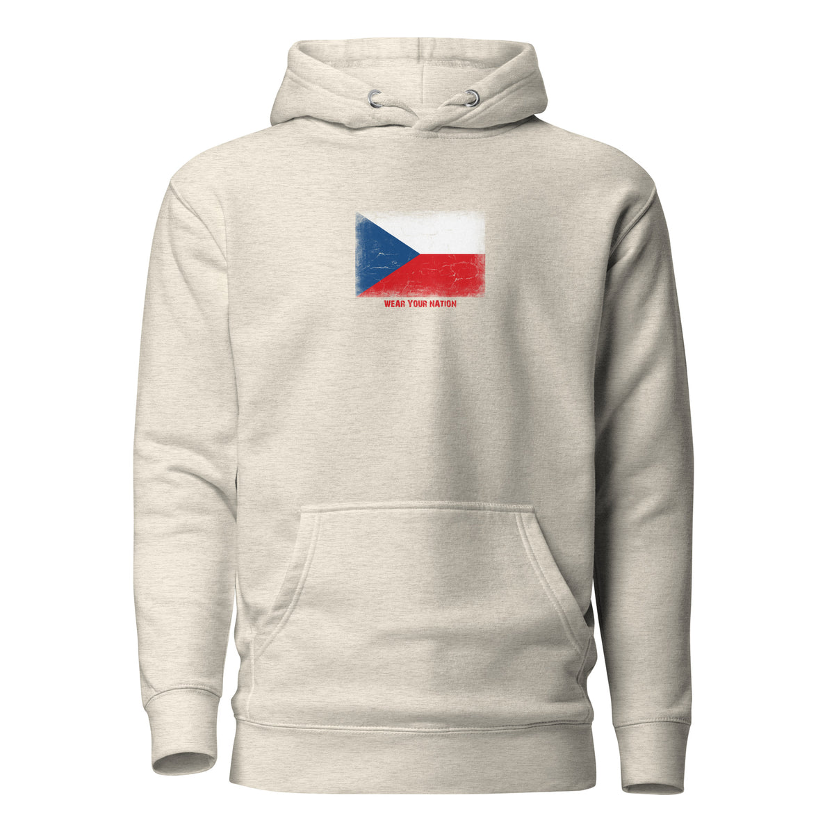 Czechia flag hoodie in Oatmeal Heather, vintage-washed print, flag on the chest, unisex cut, front view