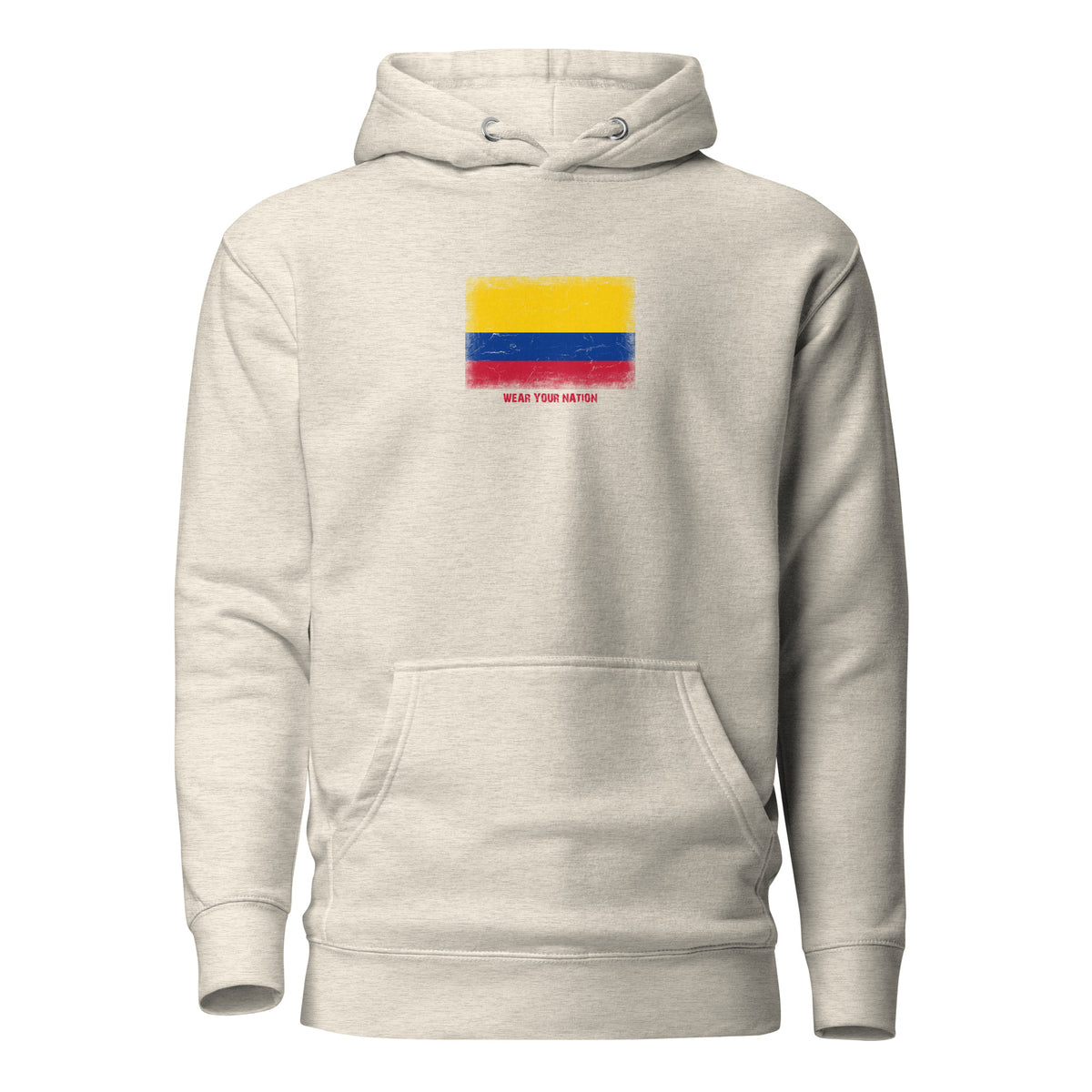 Colombia flag hoodie in Oatmeal Heather, vintage-washed print, flag on the chest, unisex cut, front view