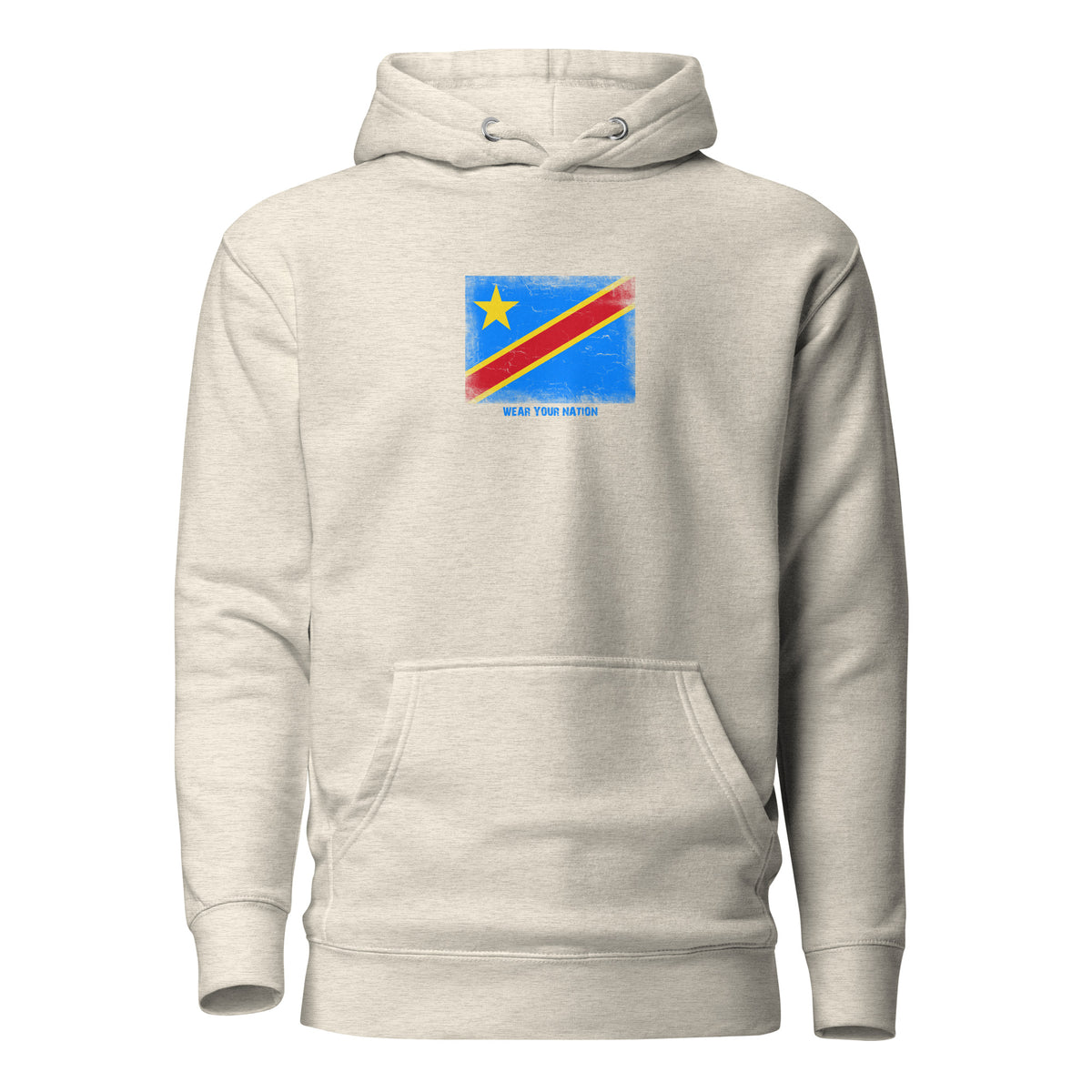 Congo flag hoodie in Oatmeal Heather, vintage-washed print, flag on the chest, unisex cut, front view