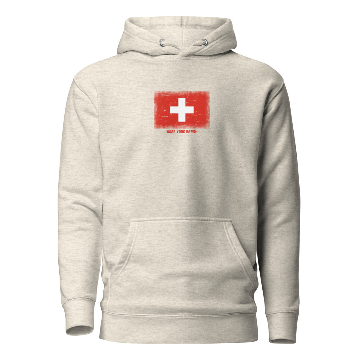 Switzerland flag hoodie in Oatmeal Heather, vintage-washed print, flag on the chest, unisex cut, front view