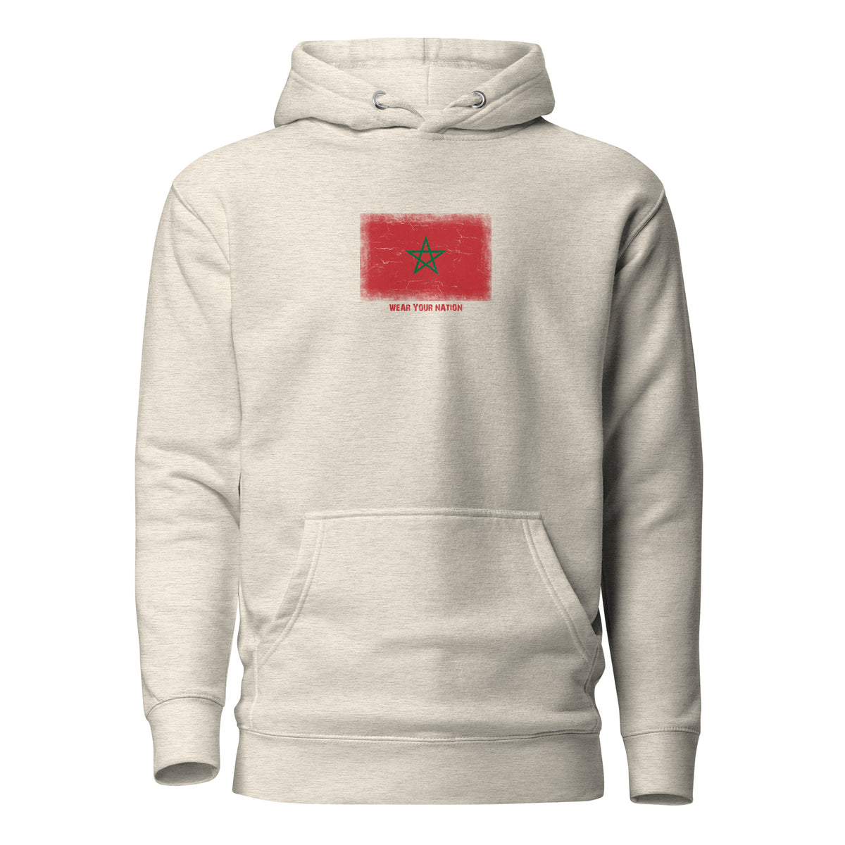 Morocco flag hoodie in Oatmeal Heather, vintage-washed print, flag on the chest, unisex cut, front view