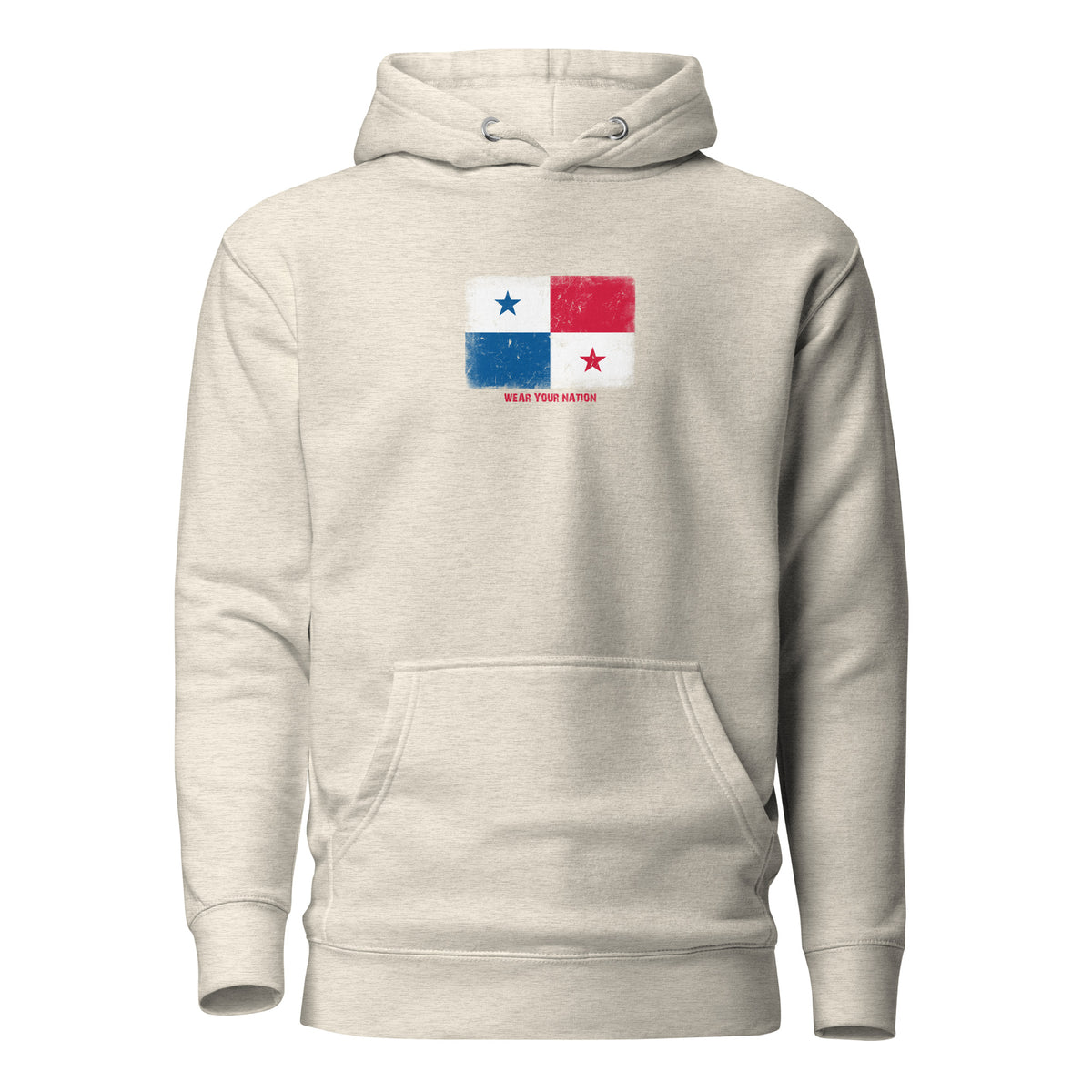 Panama flag hoodie in Oatmeal Heather, vintage-washed print, flag on the chest, unisex cut, front view