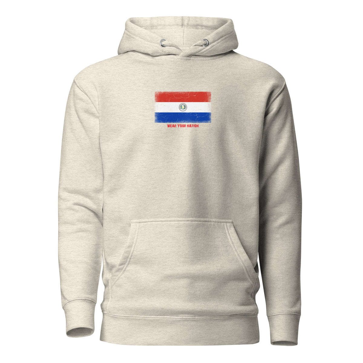 Paraguay flag hoodie in Oatmeal Heather, vintage-washed print, flag on the chest, unisex cut, front view