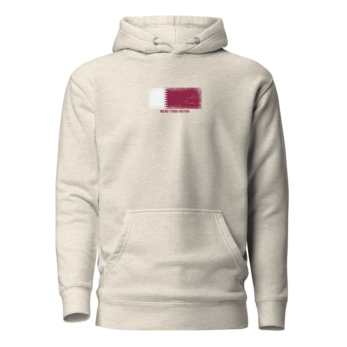 Qatar flag hoodie in Oatmeal Heather, vintage-washed print, flag on the chest, unisex cut, front view
