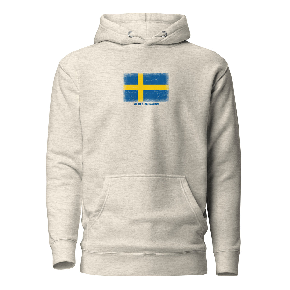 Sweden flag hoodie in Oatmeal Heather, vintage-washed print, flag on the chest, unisex cut, front view