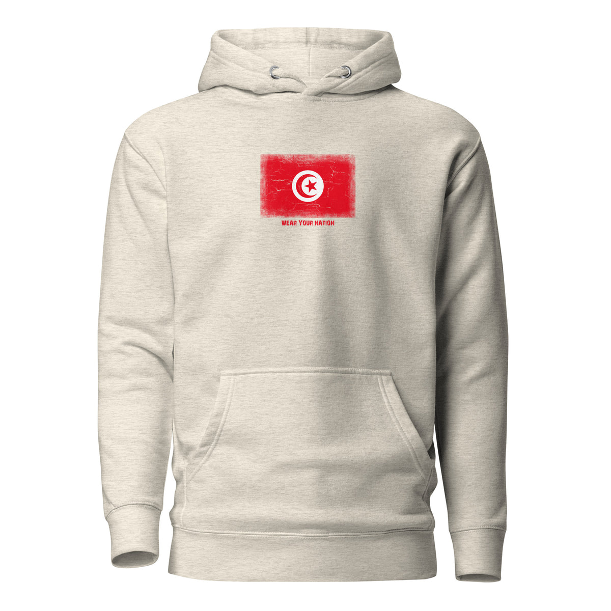 Tunisia flag hoodie in Oatmeal Heather, vintage-washed print, flag on the chest, unisex cut, front view