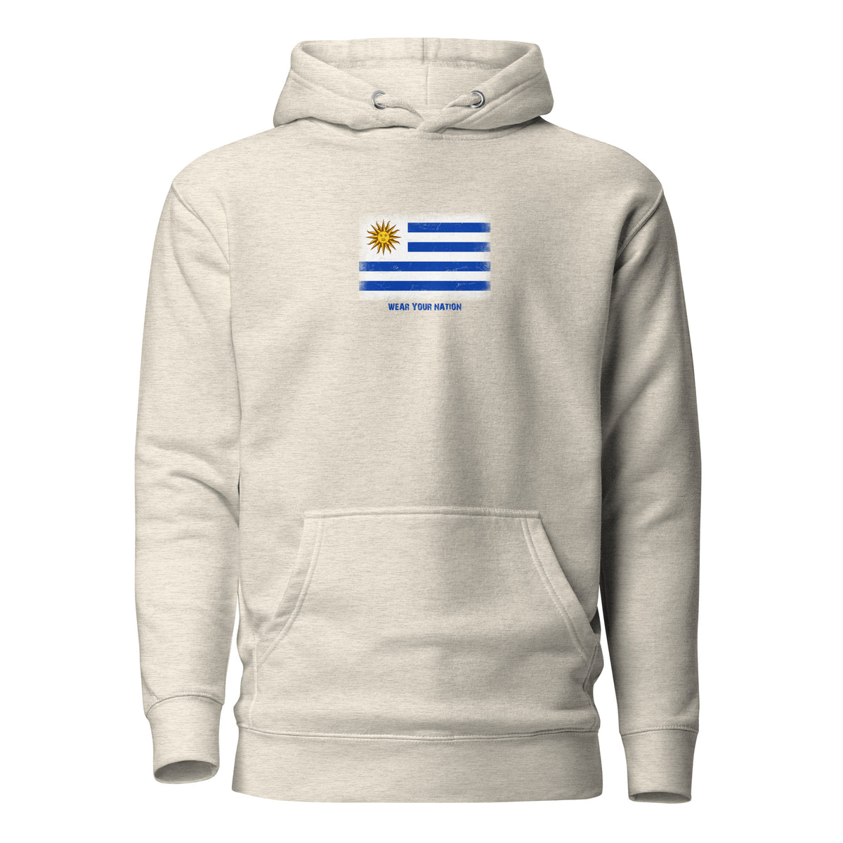 Uruguay flag hoodie in Oatmeal Heather, vintage-washed print, flag on the chest, unisex cut, front view