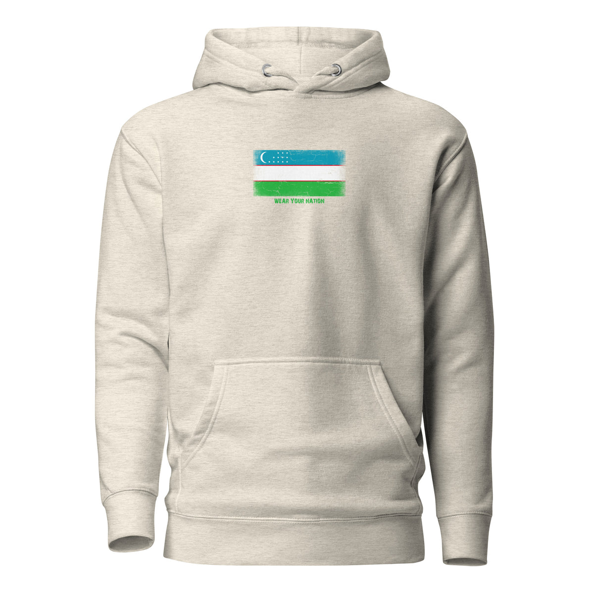 Uzbekistan flag hoodie in Oatmeal Heather, vintage-washed print, flag on the chest, unisex cut, front view