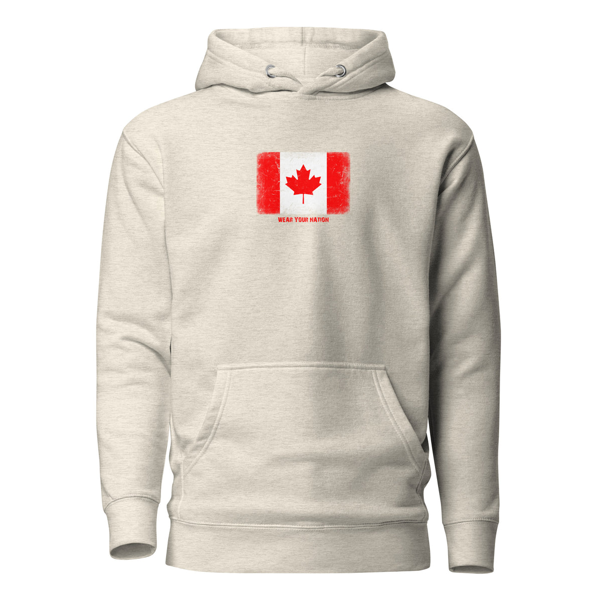 Canada flag hoodie in Oatmeal Heather, vintage-washed print, flag on the chest, unisex cut, front view