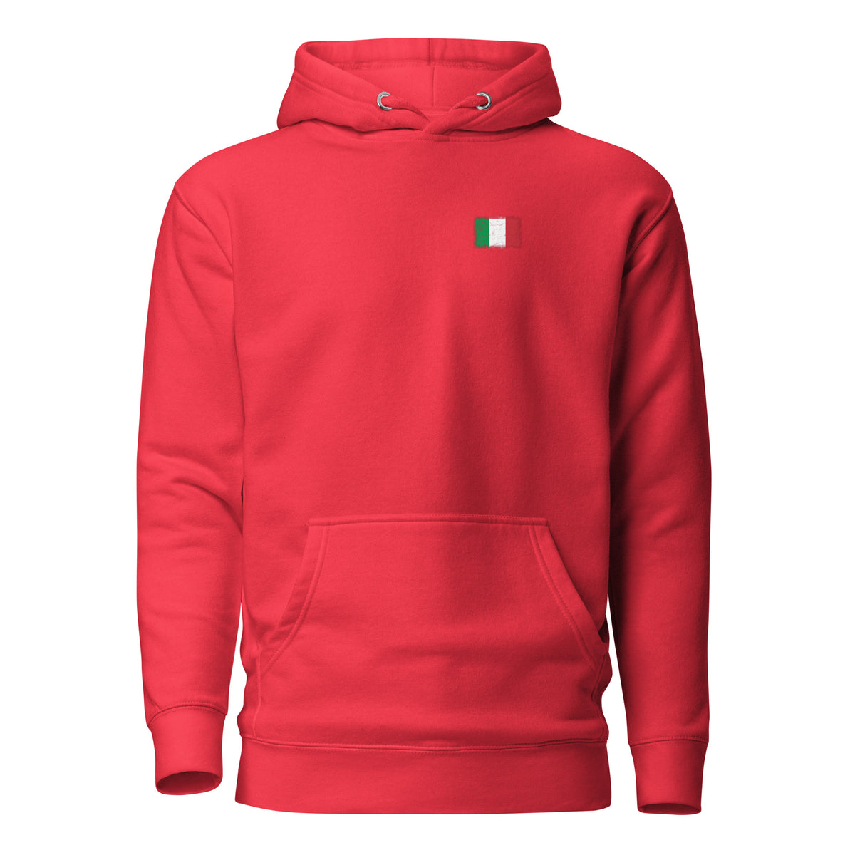 Italy flag hoodie in Team Red, vintage-washed print, small flag on the left chest, unisex cut, front view