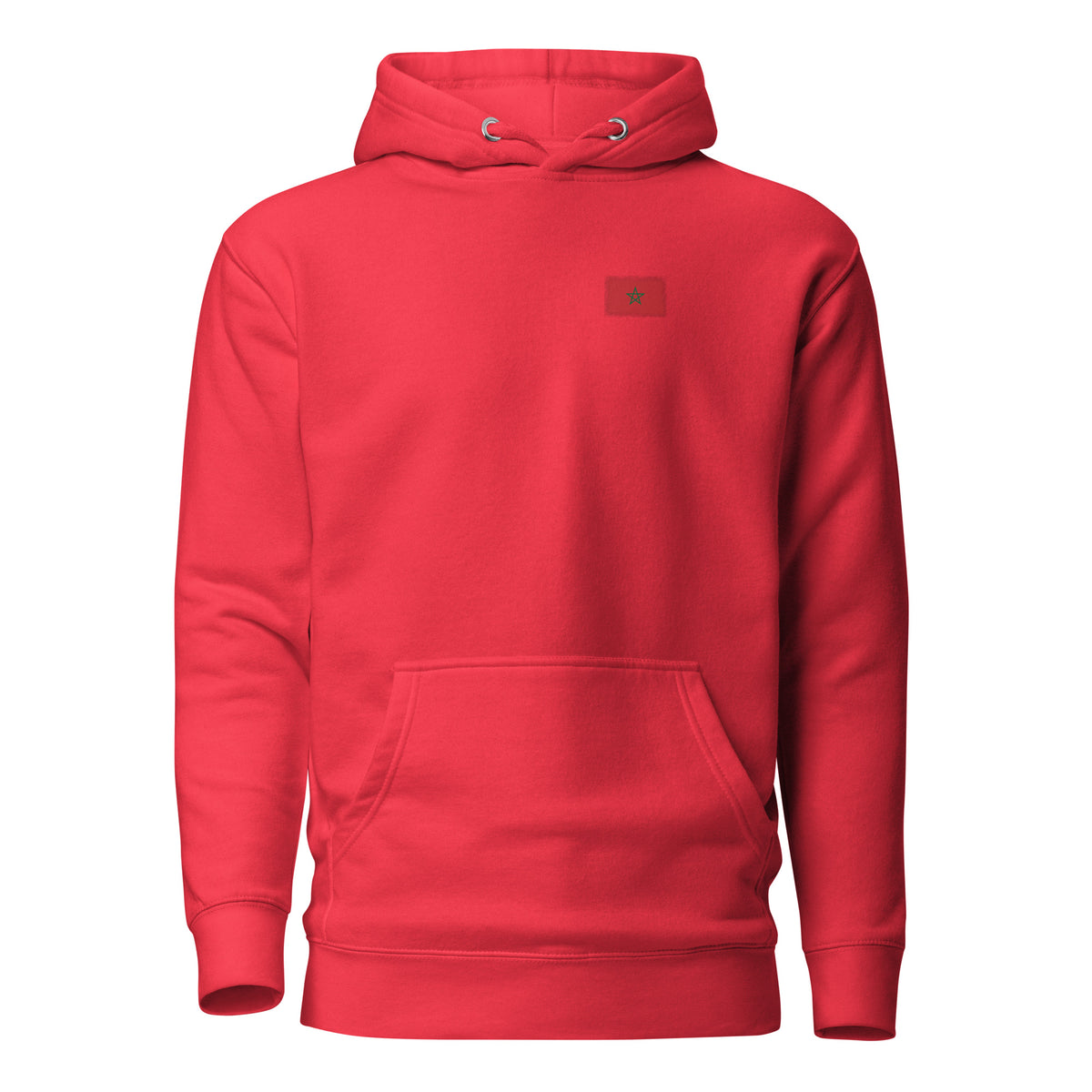 Morocco flag hoodie in Team Red, vintage-washed print, small flag on the left chest, unisex cut, front view