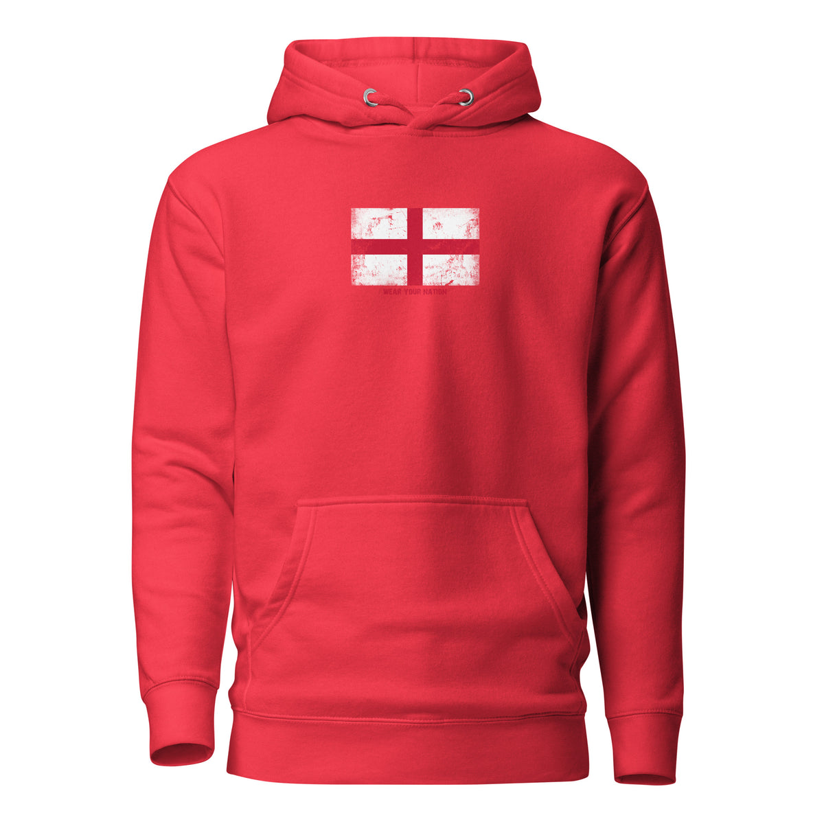 England flag hoodie in Team Red, vintage-washed print, flag on the chest, unisex cut, front view