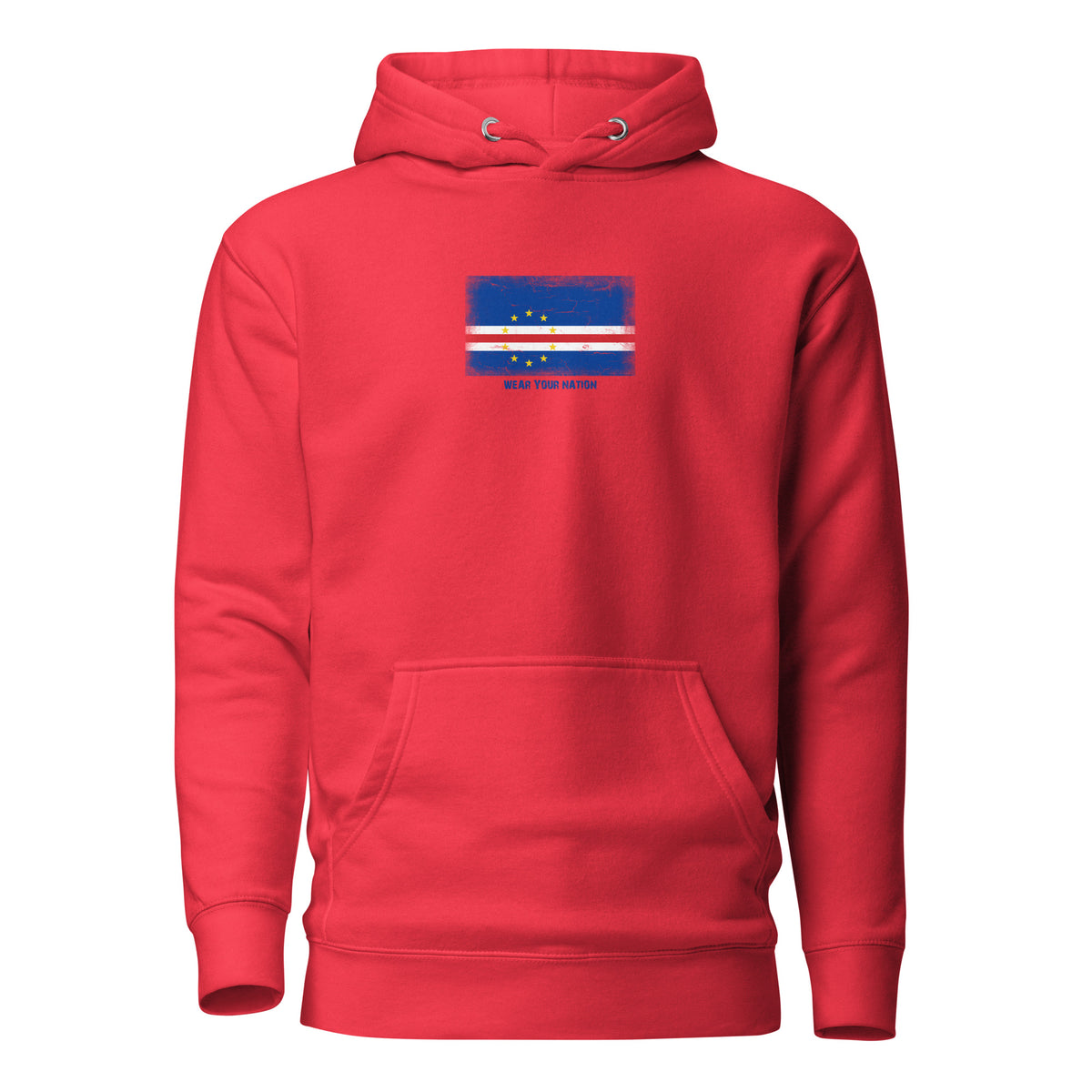 Cape Verde flag hoodie in Team Red, vintage-washed print, flag on the chest, unisex cut, front view