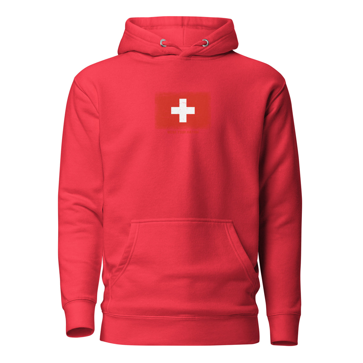 Switzerland flag hoodie in Team Red, vintage-washed print, flag on the chest, unisex cut, front view