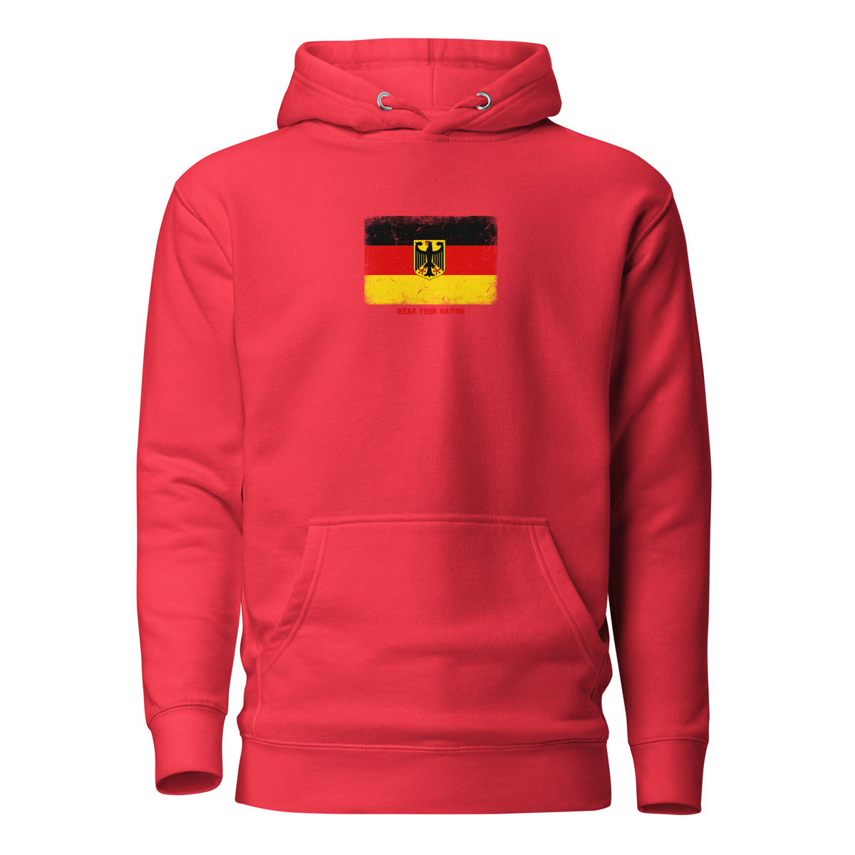Germany flag hoodie in Team Red, vintage-washed print, flag on the chest, unisex cut, front view