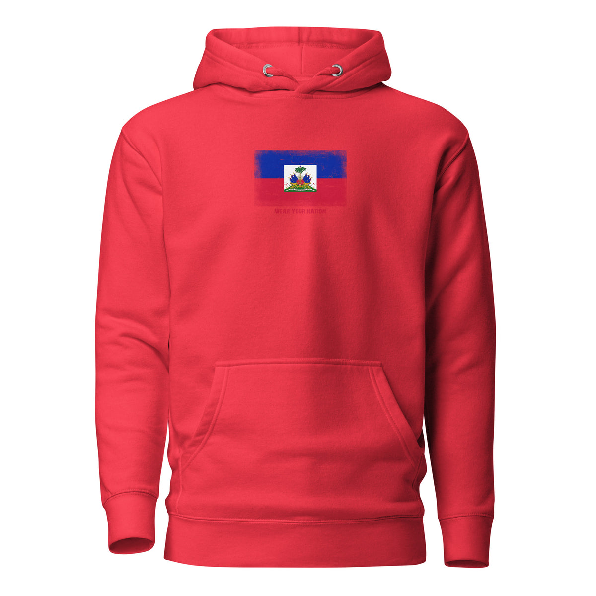Haiti flag hoodie in Team Red, vintage-washed print, flag on the chest, unisex cut, front view