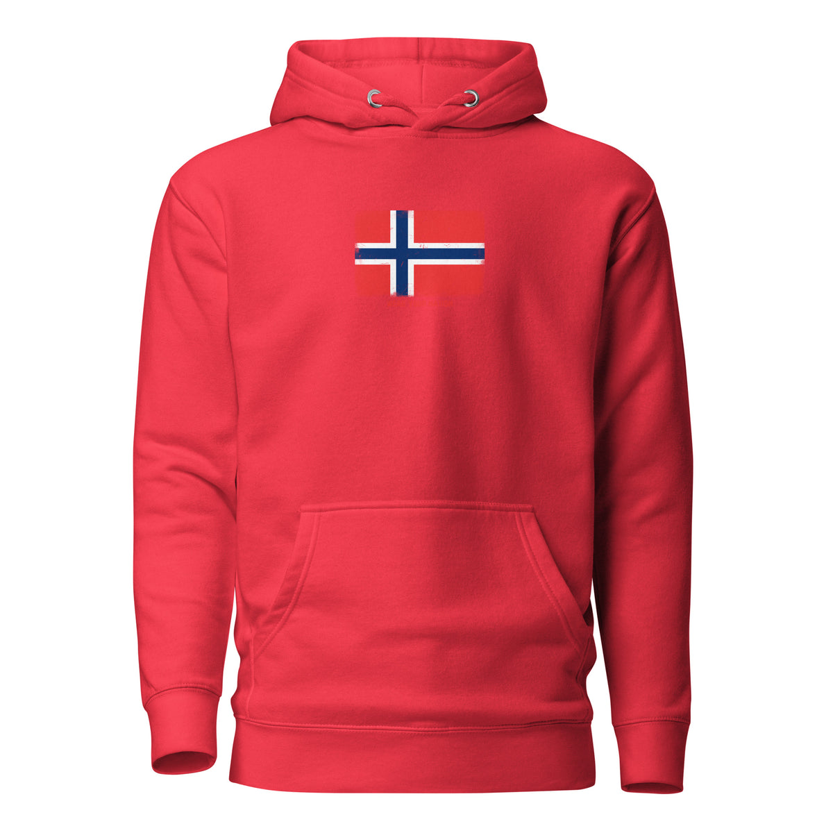 Norway flag hoodie in Team Red, vintage-washed print, flag on the chest, unisex cut, front view
