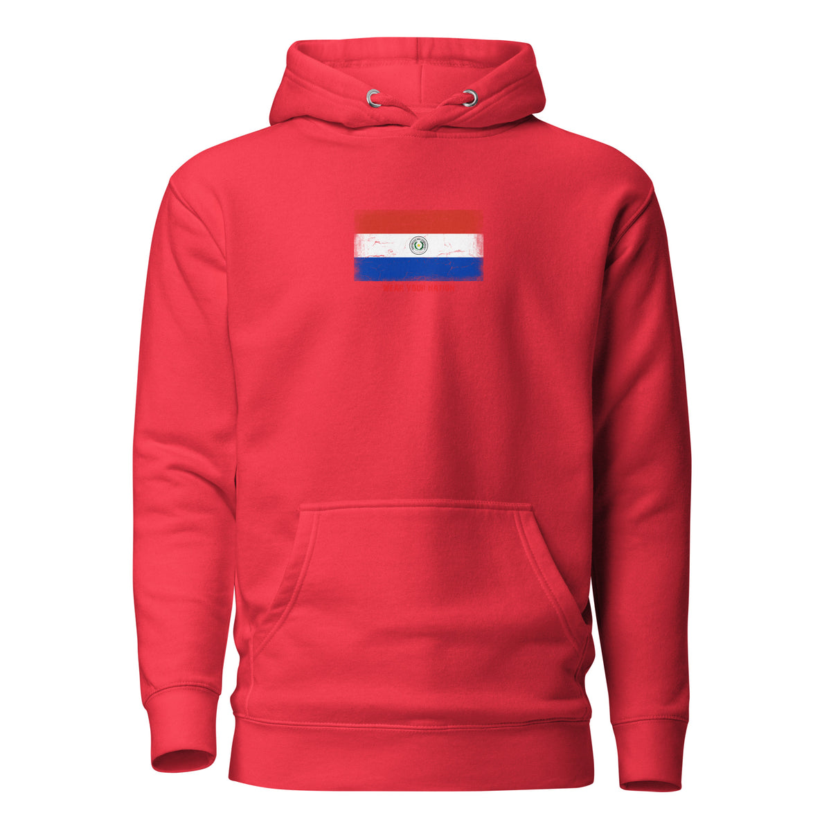 Paraguay flag hoodie in Team Red, vintage-washed print, flag on the chest, unisex cut, front view