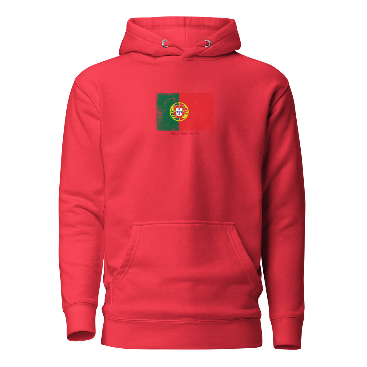 Portugal flag hoodie in Team Red, vintage-washed print, flag on the chest, unisex cut, front view