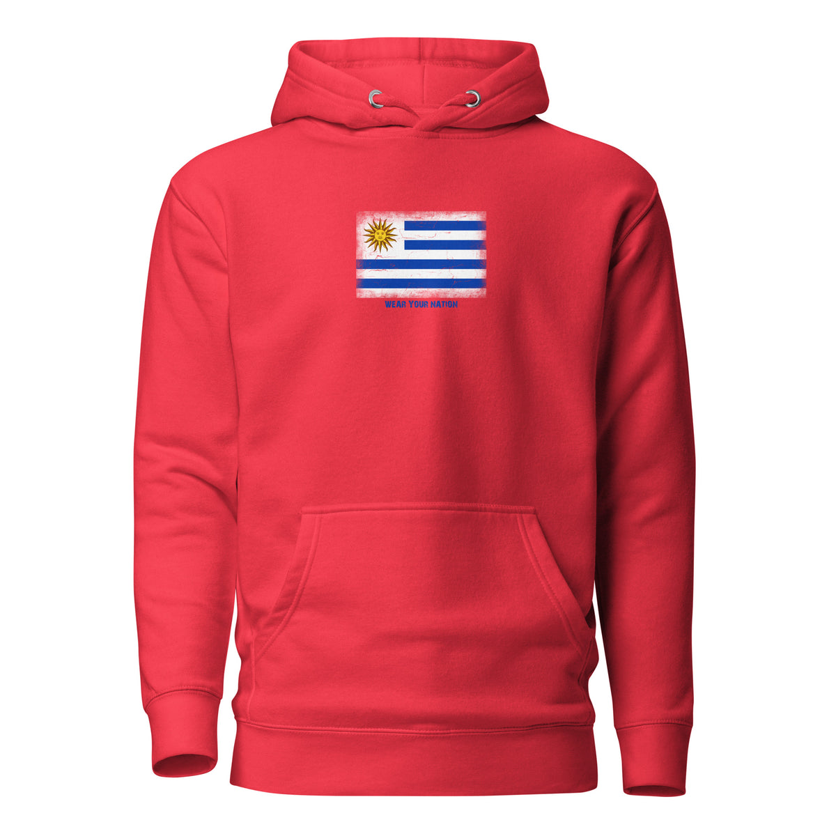 Uruguay flag hoodie in Team Red, vintage-washed print, flag on the chest, unisex cut, front view