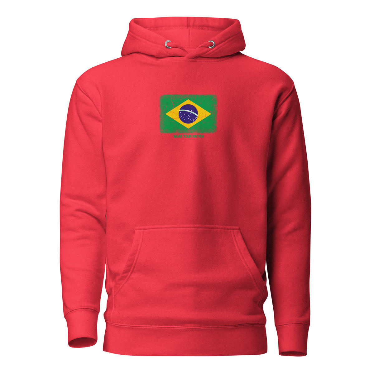 Brasil flag hoodie in Team Red, vintage-washed print, flag on the chest, unisex cut, front view