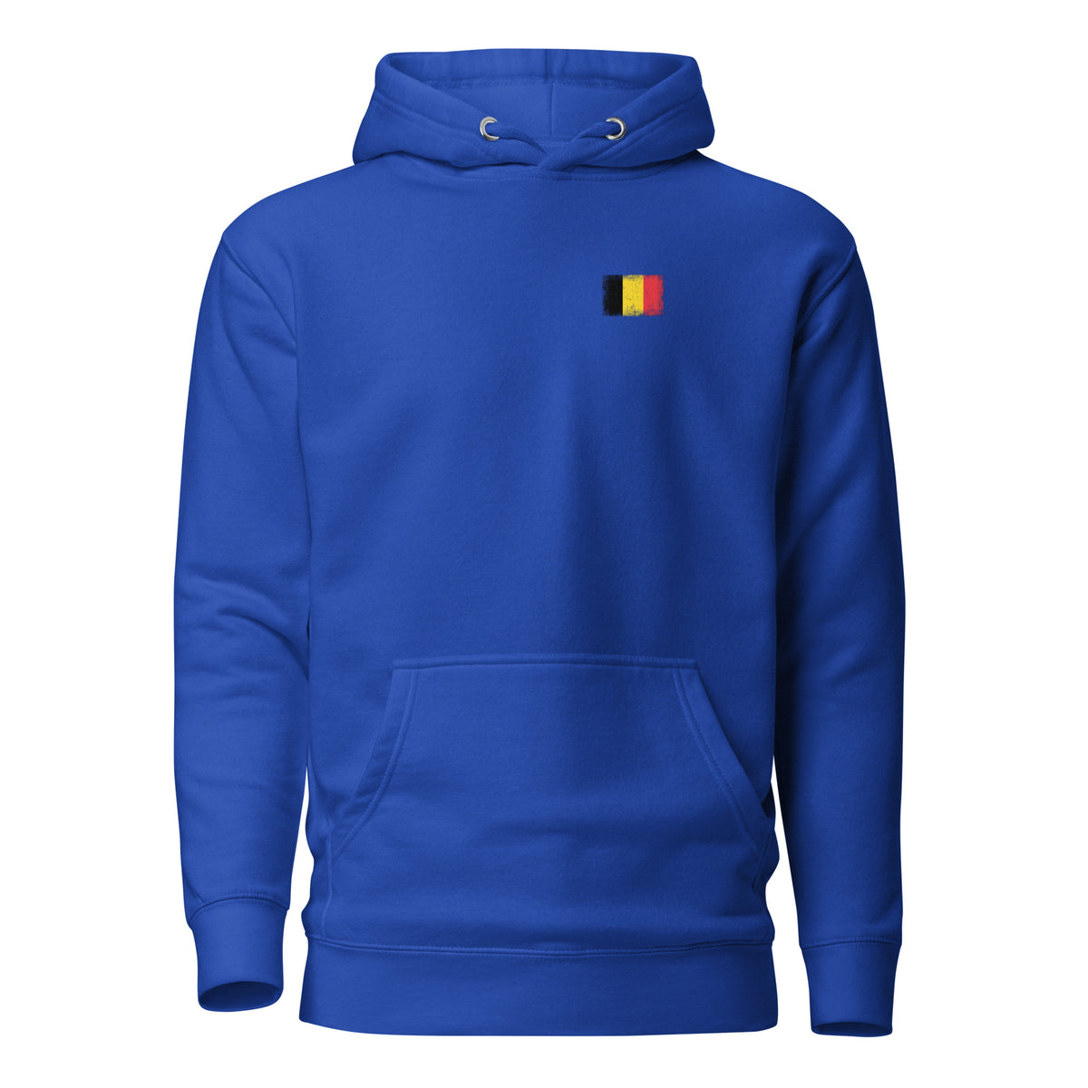 Belgium flag hoodie in Team Royal, vintage-washed print, small flag on the left chest, unisex cut, front view