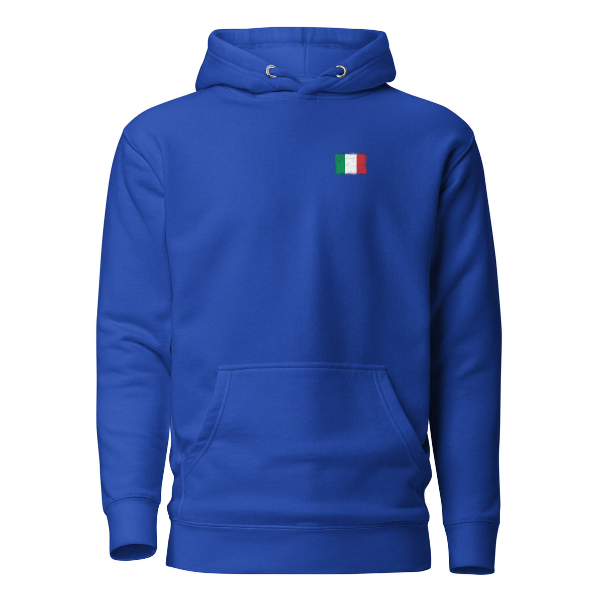 Italy flag hoodie in Team Royal, vintage-washed print, small flag on the left chest, unisex cut, front view
