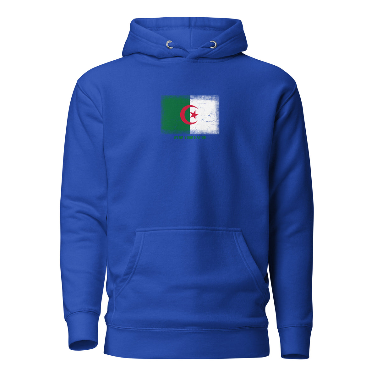 Algeria flag hoodie in Team Royal, vintage-washed print, flag on the chest, unisex cut, front view
