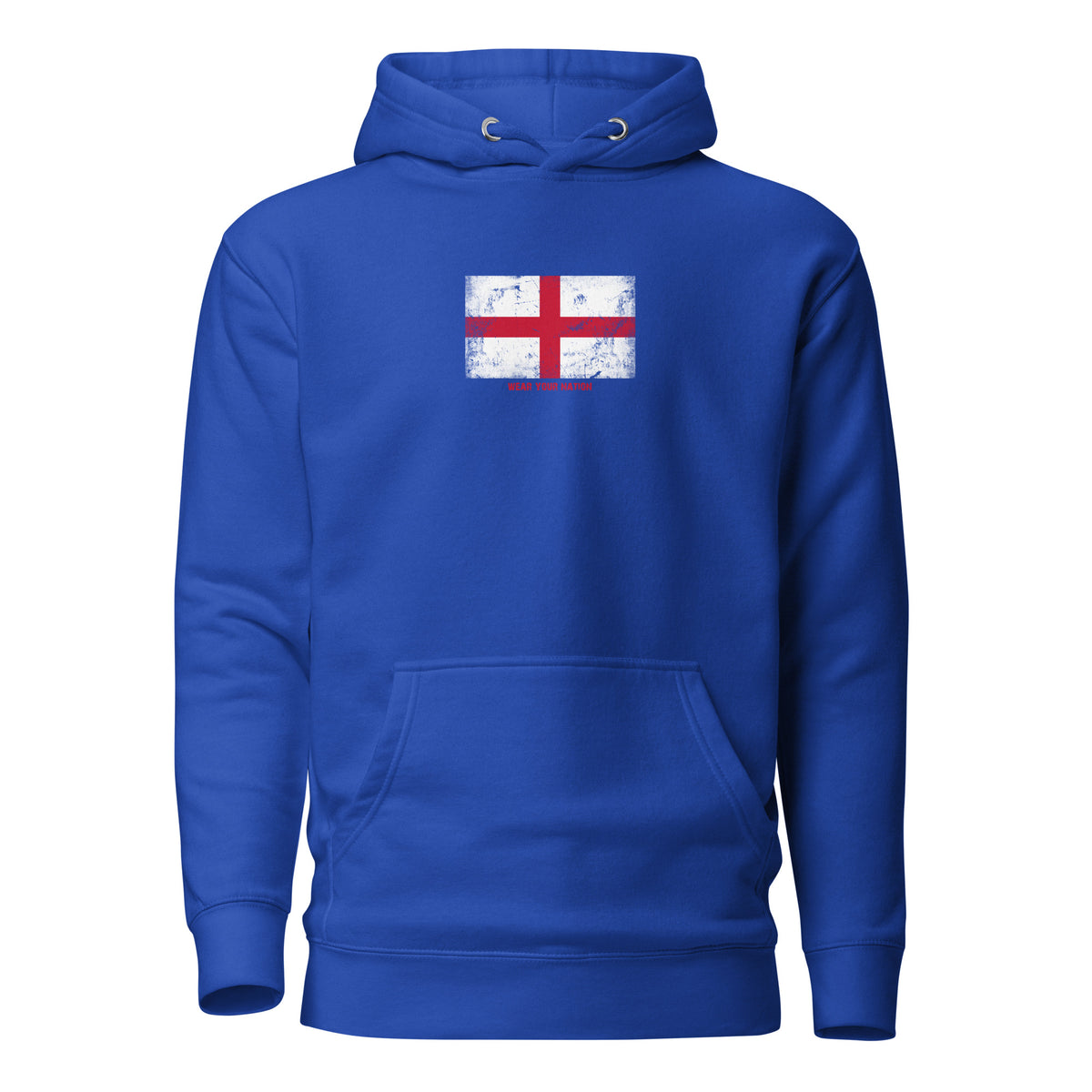 England flag hoodie in Team Royal, vintage-washed print, flag on the chest, unisex cut, front view