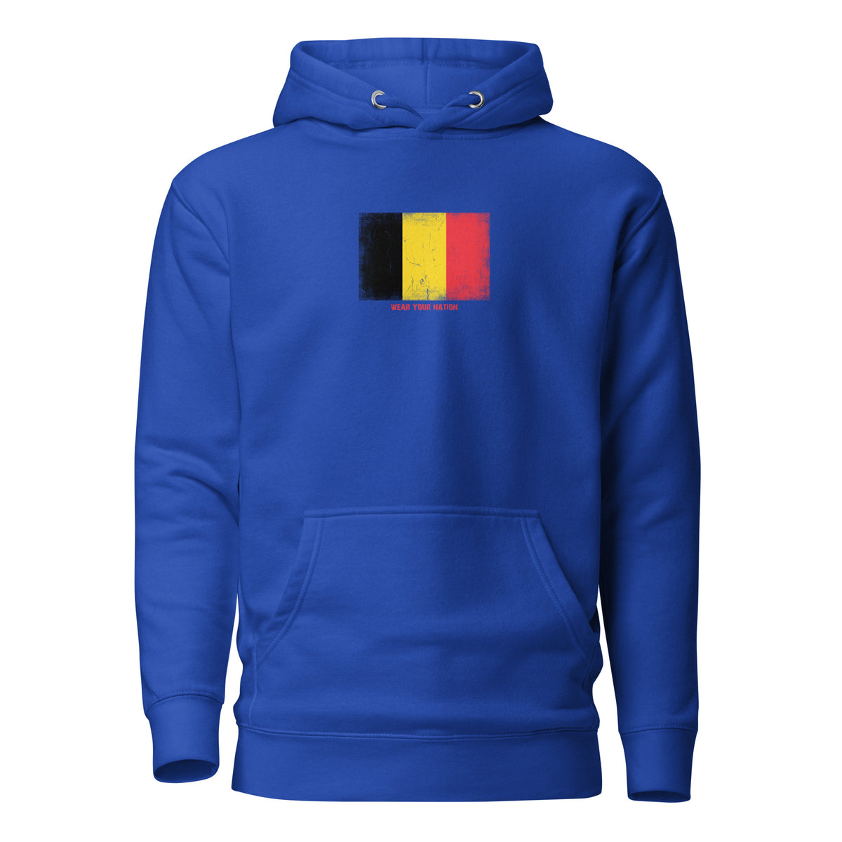 Belgium flag hoodie in Team Royal, vintage-washed print, flag on the chest, unisex cut, front view