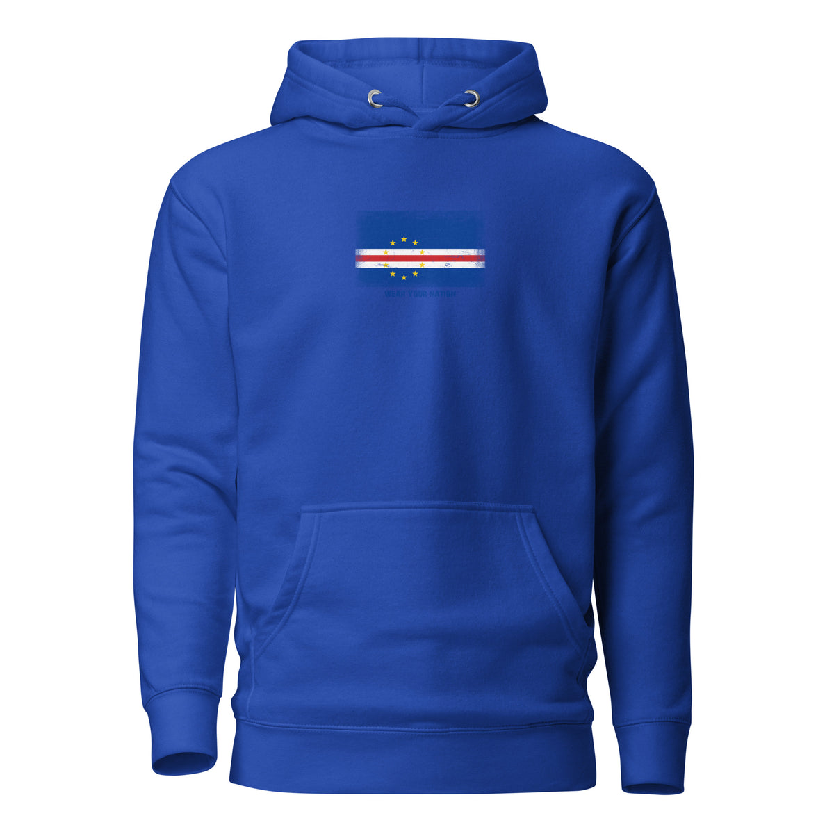 Cape Verde flag hoodie in Team Royal, vintage-washed print, flag on the chest, unisex cut, front view