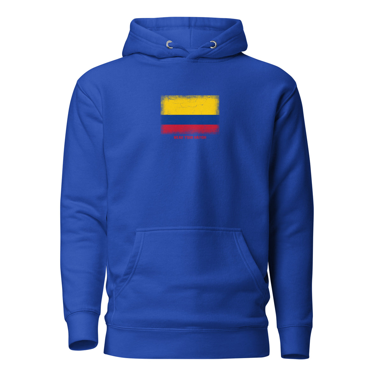 Colombia flag hoodie in Team Royal, vintage-washed print, flag on the chest, unisex cut, front view