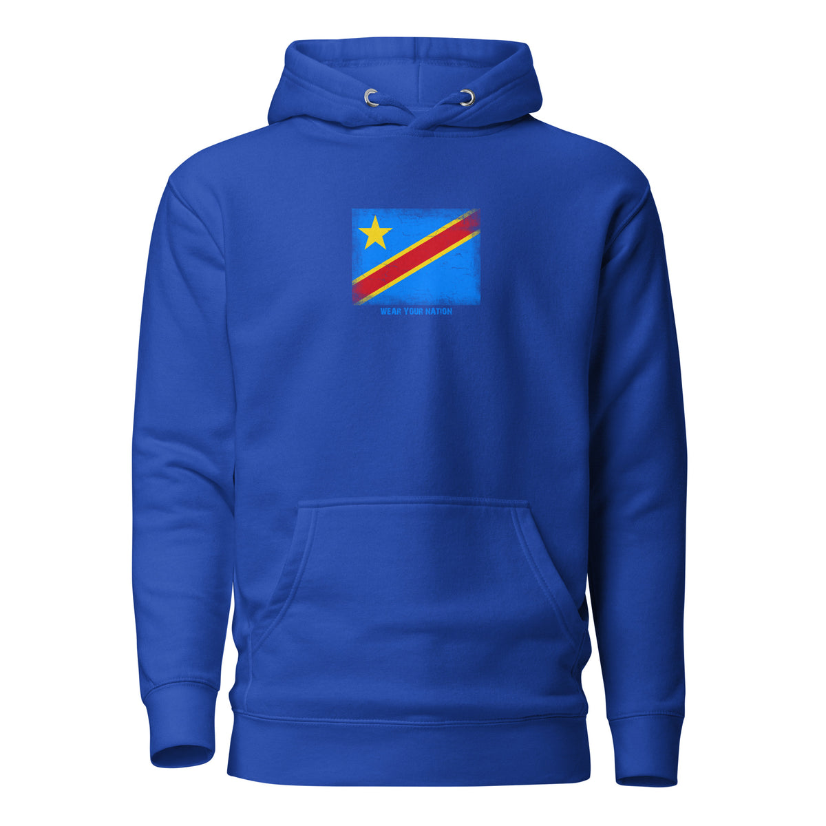 Congo flag hoodie in Team Royal, vintage-washed print, flag on the chest, unisex cut, front view