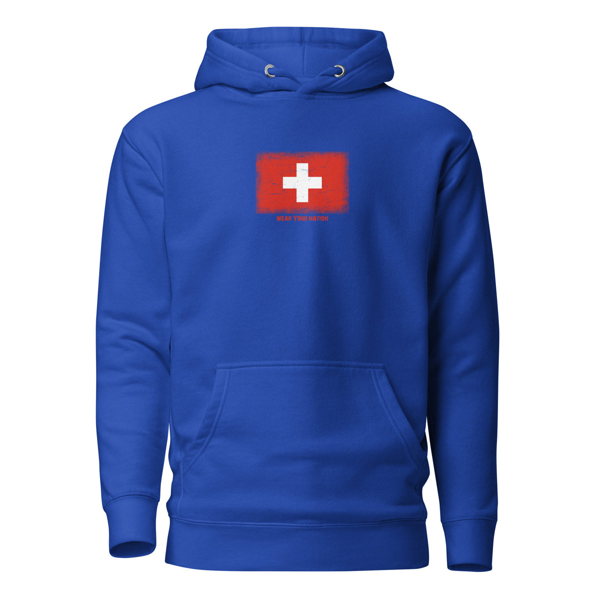 Switzerland flag hoodie in Team Royal, vintage-washed print, flag on the chest, unisex cut, front view